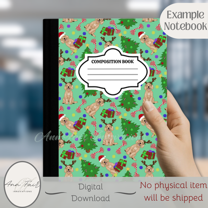 Goldendoodle Christmas Composition Notebook Cover | Digital Download PNG | Back to School, Journaling, DIY Custom Notebook, Sticker Paper Cover