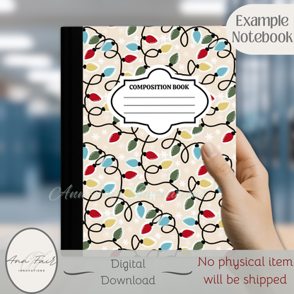 Vintage Christmas Lights Composition Notebook Cover | Digital Download PNG | Back to School, Journaling, DIY Custom Notebook, Sticker Paper Cover