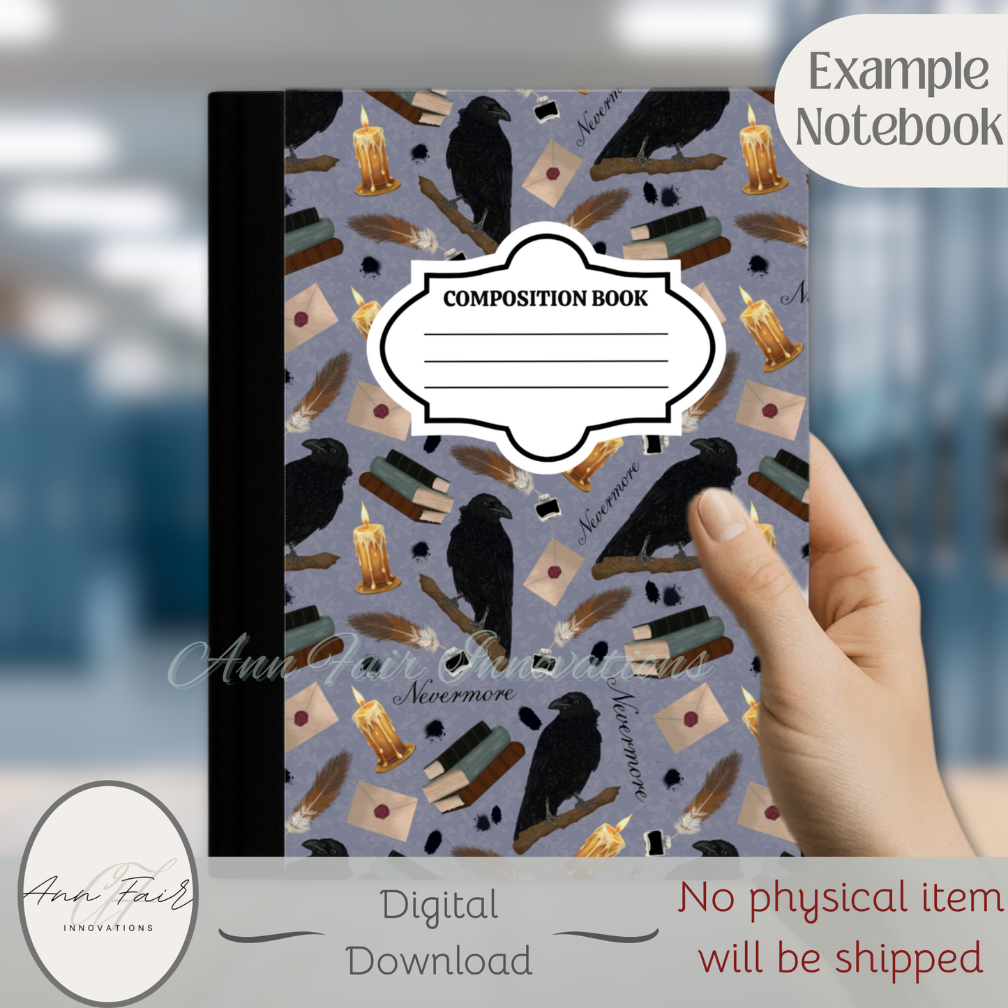 Nevermore in Periwinkle Composition Notebook Cover | Digital Download PNG | Back to School, Journaling, DIY Custom Notebook, Sticker Paper Cover