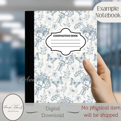 Toile De Jouy Bouquet in Blue Composition Notebook Cover | Digital Download PNG | Back to School, Journaling, DIY Custom Notebook, Sticker Paper Cover