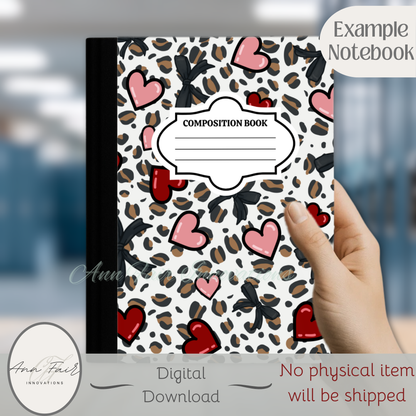 Leopards and Hearts Composition Notebook Cover | Digital Download PNG | Back to School, Journaling, DIY Custom Notebook, Sticker Paper Cover