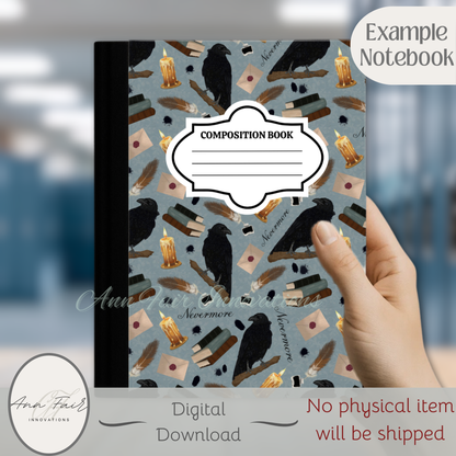 Nevermore in  Blue Composition Notebook Cover | Digital Download PNG | Back to School, Journaling, DIY Custom Notebook, Sticker Paper Cover
