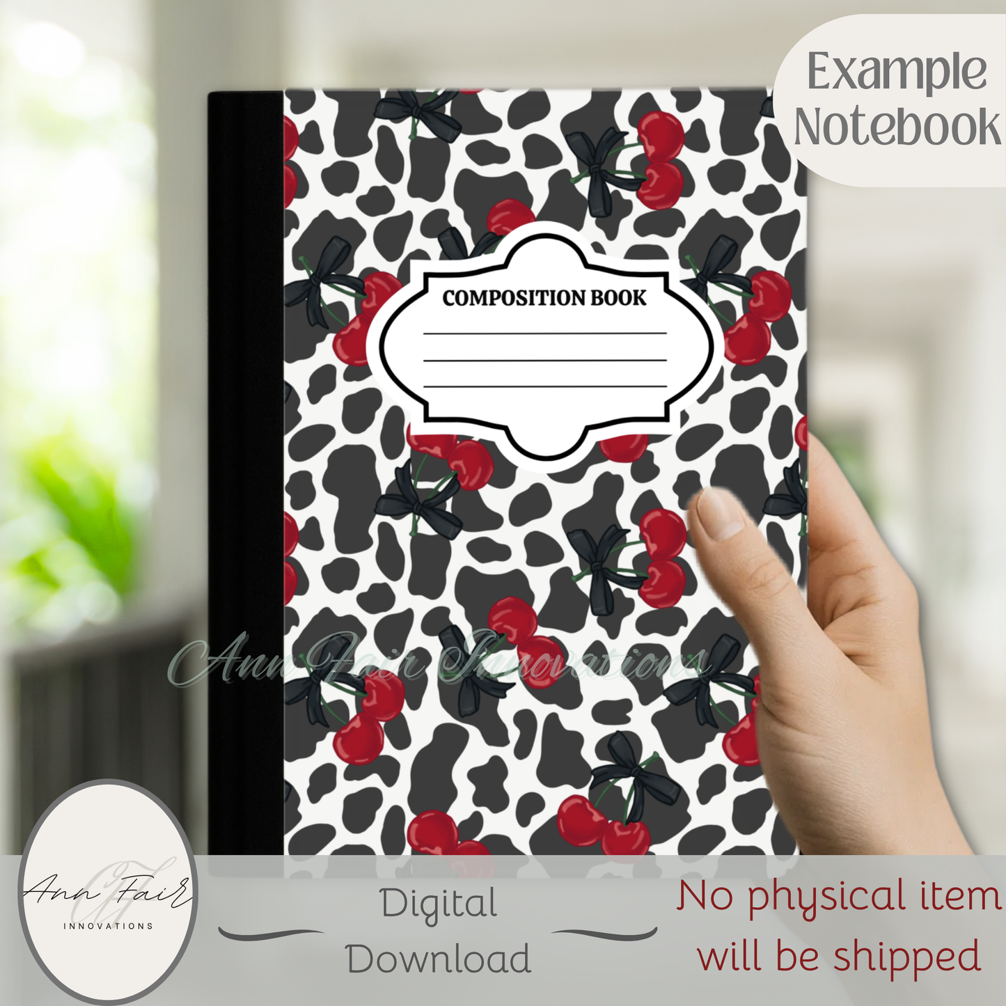 Cow Print and Cherries Composition Notebook Cover | Digital Download PNG | Back to School, Journaling, DIY Custom Notebook, Sticker Paper Cover