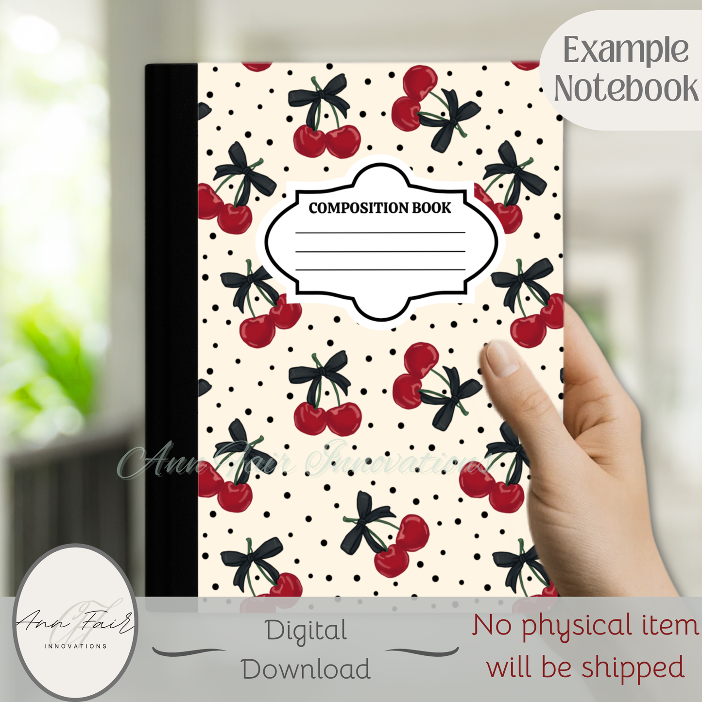 Polka Dots and Cherries Composition Notebook Cover | Digital Download PNG | Back to School, Journaling, DIY Custom Notebook, Sticker Paper Cover