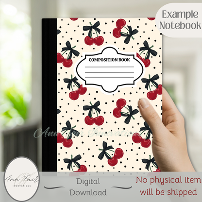 Polka Dots and Cherries Composition Notebook Cover | Digital Download PNG | Back to School, Journaling, DIY Custom Notebook, Sticker Paper Cover