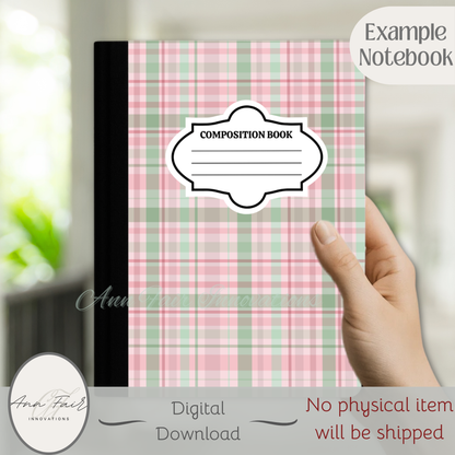 Coquette Plaid Composition Notebook Cover | Digital Download PNG | Back to School, Journaling, DIY Custom Notebook, Sticker Paper Cover