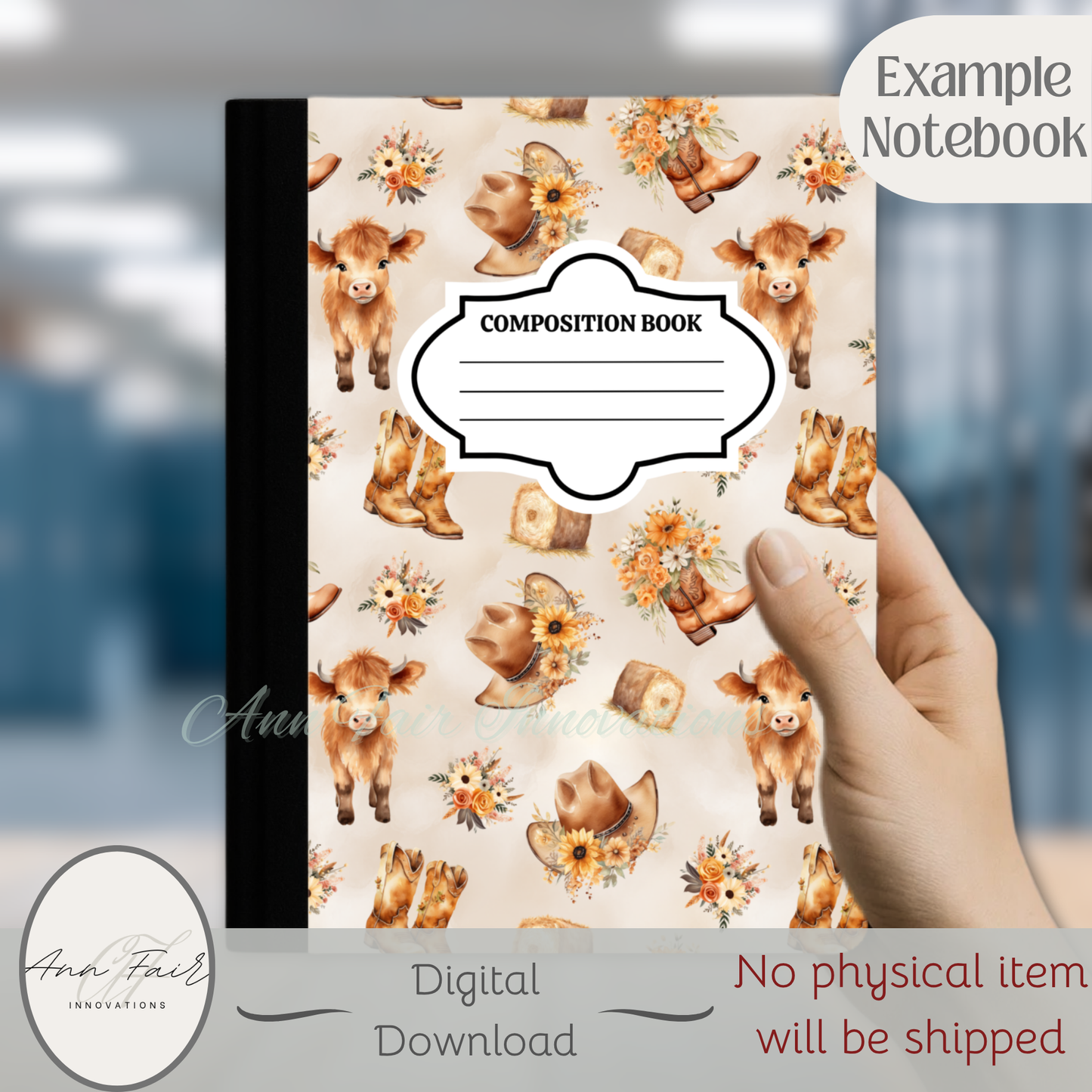 Cute Highland Cow Floral Composition Notebook Cover | Digital Download PNG | Back to School, Journaling, DIY Custom Notebook, Sticker Paper Cover