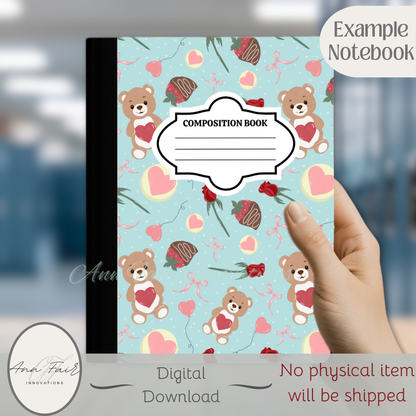 Teddy Bear Valentine Composition Notebook Cover | Digital Download PNG | Back to School, Journaling, DIY Custom Notebook, Sticker Paper Cover