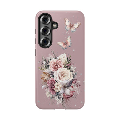 Dusty Rose Floral Phone Case - Tough Cases, Decorative Cell Phone Cover, Butterfly Design