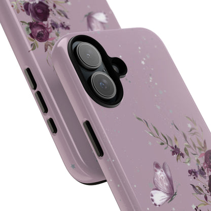 Blush Purple Floral Phone Case - Tough Cases, Decorative Cell Phone Cover, Butterfly Design