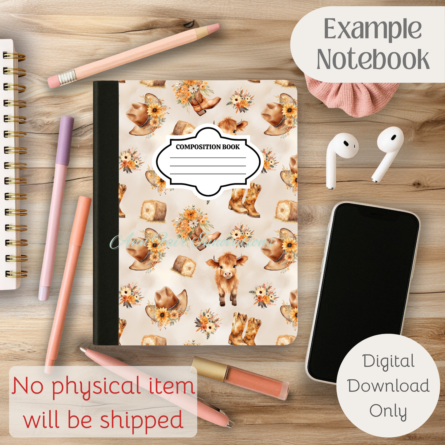 Cute Highland Cow Floral Composition Notebook Cover | Digital Download PNG | Back to School, Journaling, DIY Custom Notebook, Sticker Paper Cover