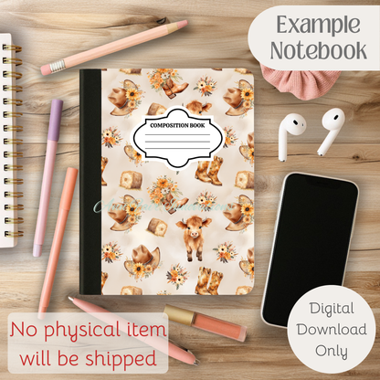 Cute Highland Cow Floral Composition Notebook Cover | Digital Download PNG | Back to School, Journaling, DIY Custom Notebook, Sticker Paper Cover