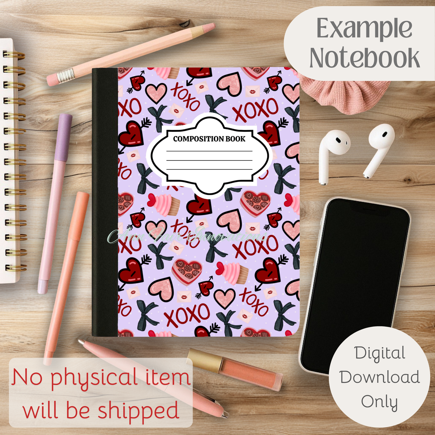 Valentine XOXO Composition Notebook Cover | Digital Download PNG | Back to School, Journaling, DIY Custom Notebook, Sticker Paper Cover