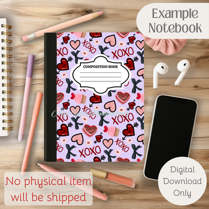 Valentine XOXO Composition Notebook Cover | Digital Download PNG | Back to School, Journaling, DIY Custom Notebook, Sticker Paper Cover