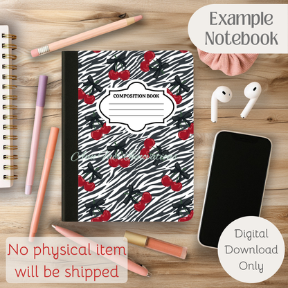 Zebra Print and Cherries Composition Notebook Cover | Digital Download PNG | Back to School, Journaling, DIY Custom Notebook, Sticker Paper Cover