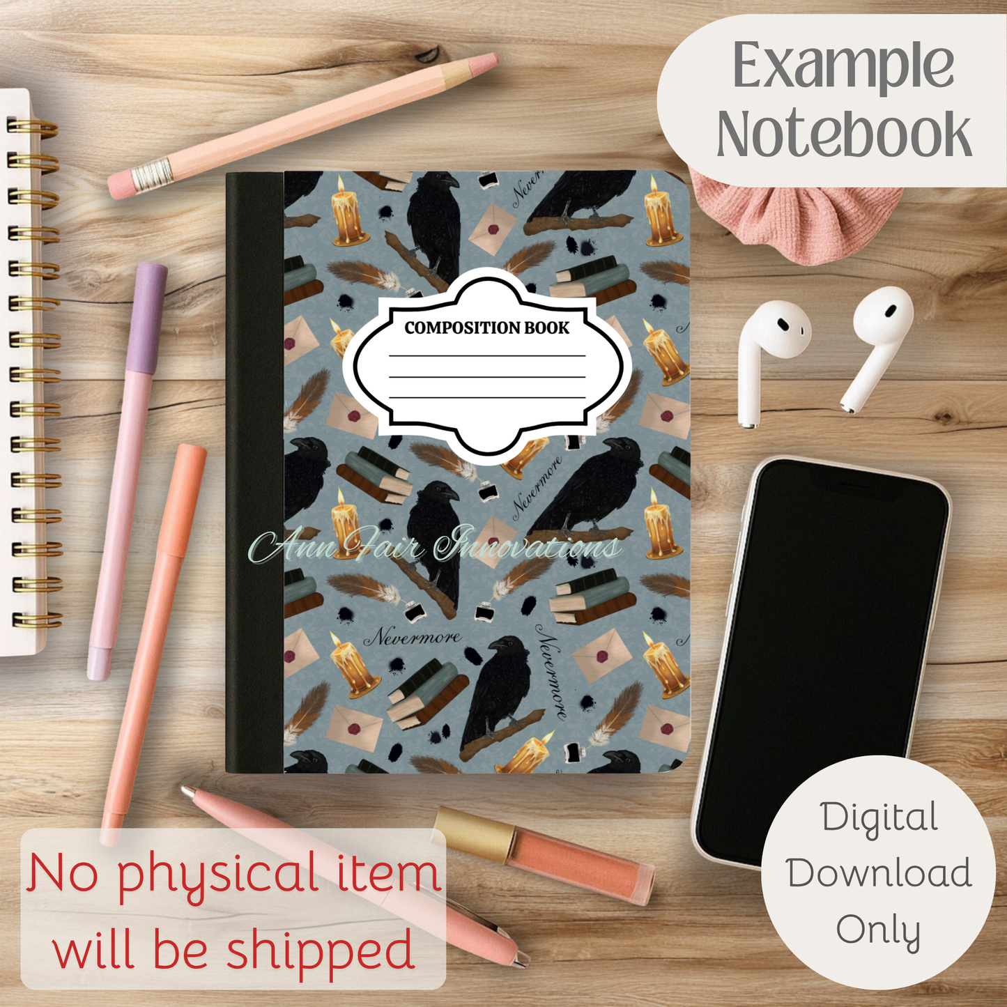 Nevermore in  Blue Composition Notebook Cover | Digital Download PNG | Back to School, Journaling, DIY Custom Notebook, Sticker Paper Cover