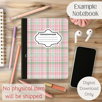 Coquette Plaid Composition Notebook Cover | Digital Download PNG | Back to School, Journaling, DIY Custom Notebook, Sticker Paper Cover
