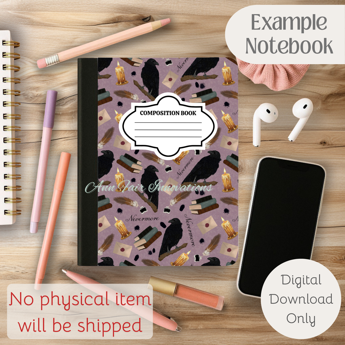 Nevermore in Pink Composition Notebook Cover | Digital Download PNG | Back to School, Journaling, DIY Custom Notebook, Sticker Paper Cover