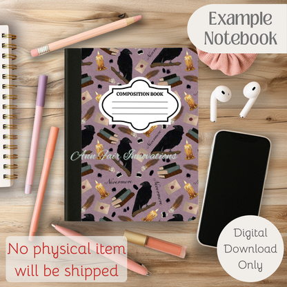 Nevermore in Pink Composition Notebook Cover | Digital Download PNG | Back to School, Journaling, DIY Custom Notebook, Sticker Paper Cover