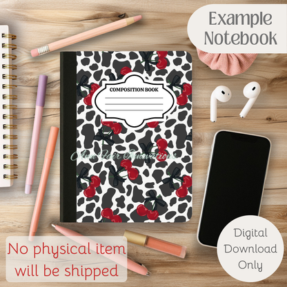 Cow Print and Cherries Composition Notebook Cover | Digital Download PNG | Back to School, Journaling, DIY Custom Notebook, Sticker Paper Cover