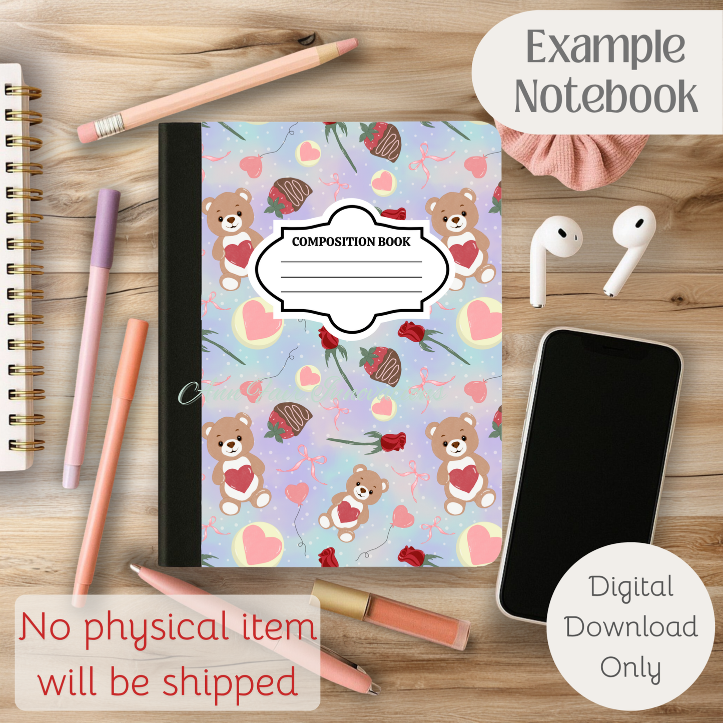 Teddy Bear Valentine Composition Notebook Cover | Digital Download PNG | Back to School, Journaling, DIY Custom Notebook, Sticker Paper Cover