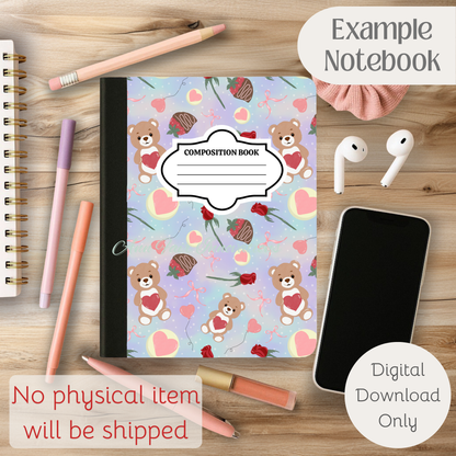 Teddy Bear Valentine Composition Notebook Cover | Digital Download PNG | Back to School, Journaling, DIY Custom Notebook, Sticker Paper Cover