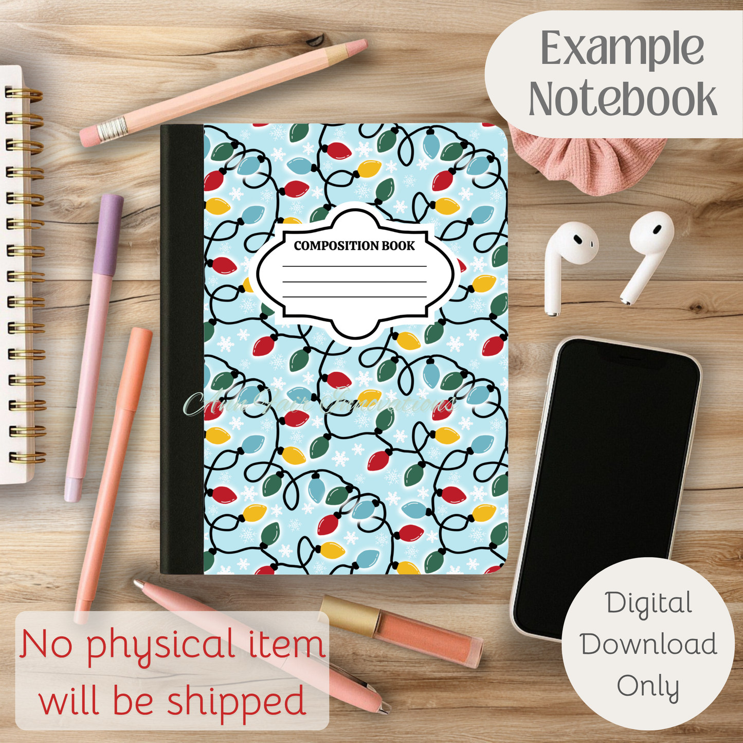 Retro Christmas Lights Composition Notebook Cover | Digital Download PNG | Back to School, Journaling, DIY Custom Notebook, Sticker Paper Cover
