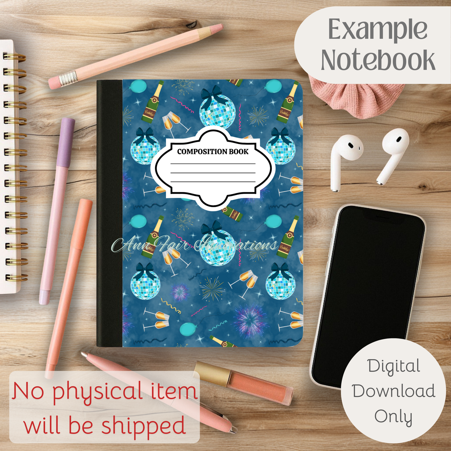 New Year's Eve Party Composition Notebook Cover | Digital Download PNG | Journaling, DIY Custom Notebook, Sticker Paper Cover