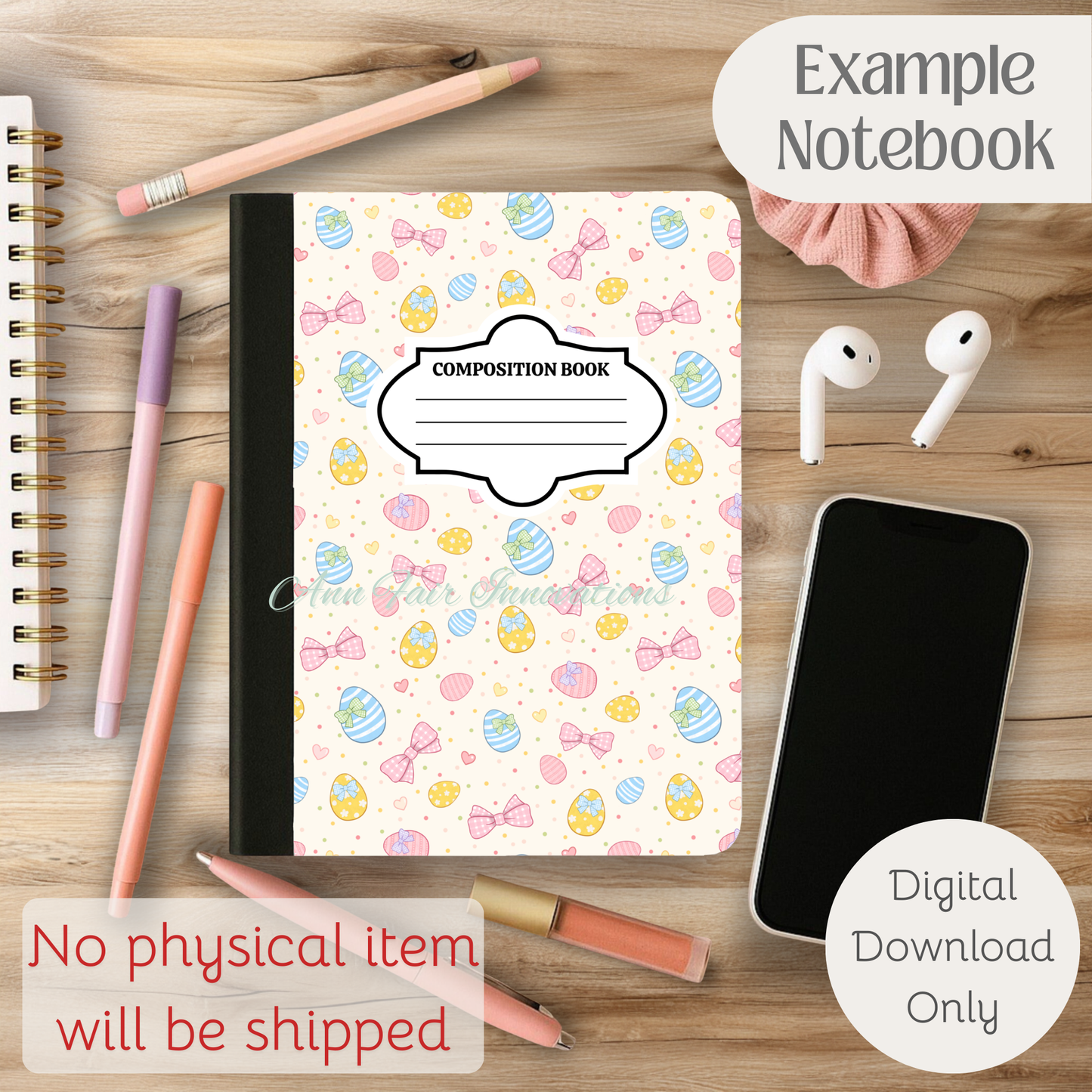 Coquette Gingham Easter Eggs Composition Notebook Cover | Digital Download PNG | Journaling, DIY Custom Notebook, Sticker Paper Cover