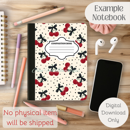 Polka Dots and Cherries Composition Notebook Cover | Digital Download PNG | Back to School, Journaling, DIY Custom Notebook, Sticker Paper Cover
