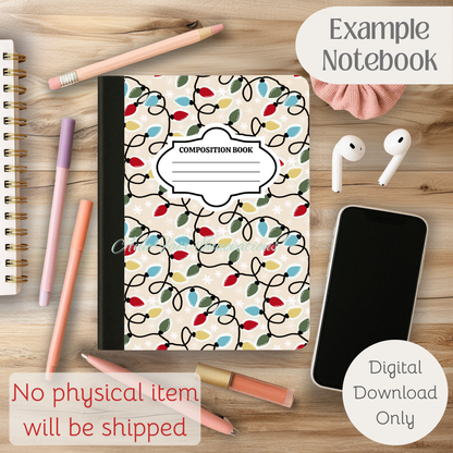 Vintage Christmas Lights Composition Notebook Cover | Digital Download PNG | Back to School, Journaling, DIY Custom Notebook, Sticker Paper Cover