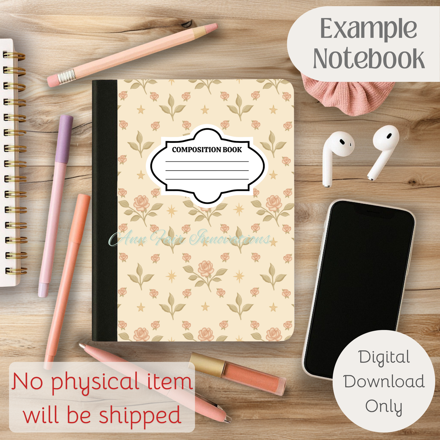 Vintage Roses and Stars Composition Notebook Cover | Digital Download PNG | Back to School, Journaling, DIY Custom Notebook, Sticker Paper Cover