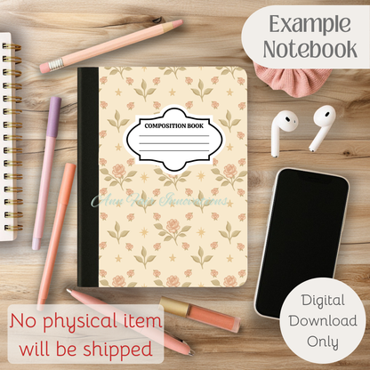 Vintage Roses and Stars Composition Notebook Cover | Digital Download PNG | Back to School, Journaling, DIY Custom Notebook, Sticker Paper Cover