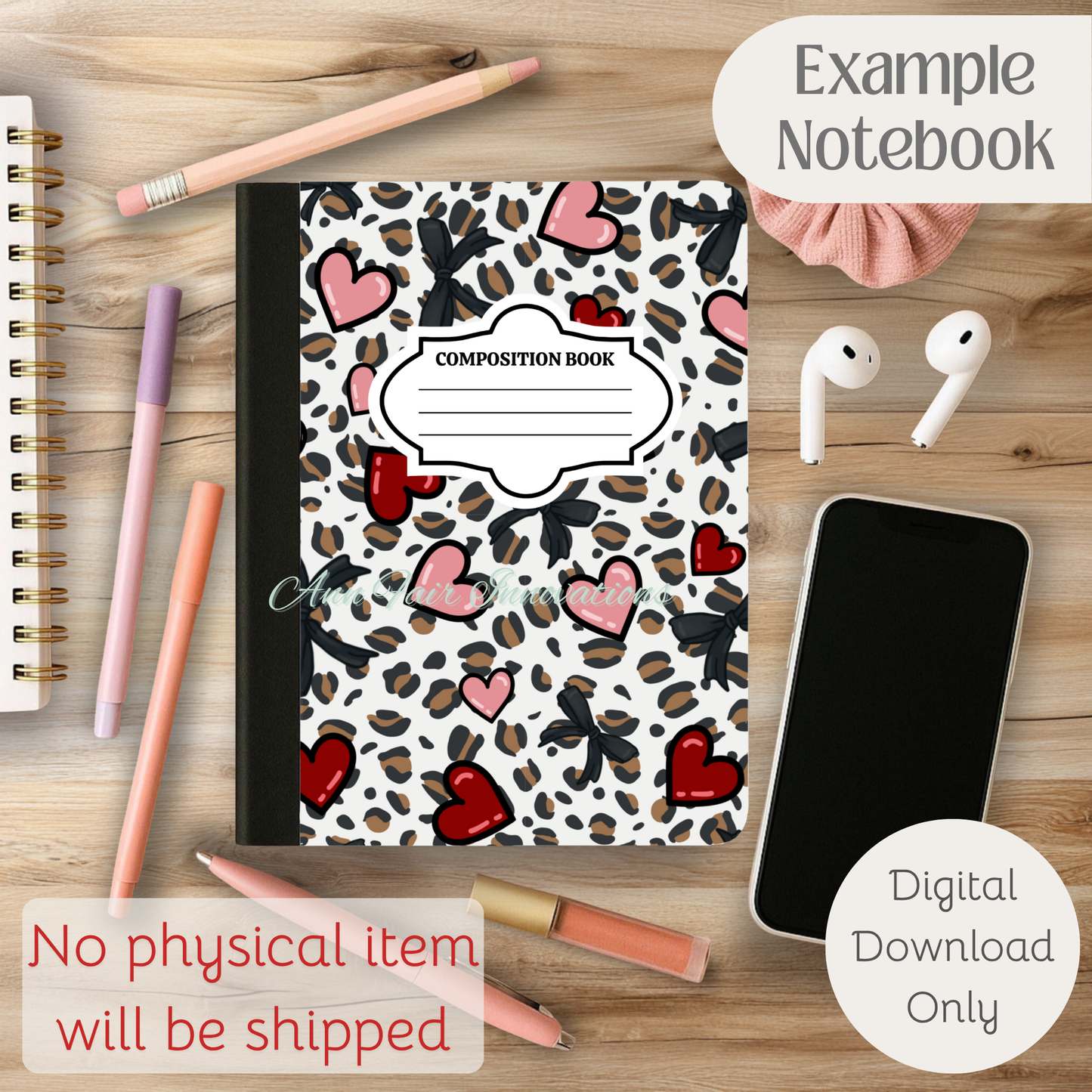 Leopards and Hearts Composition Notebook Cover | Digital Download PNG | Back to School, Journaling, DIY Custom Notebook, Sticker Paper Cover