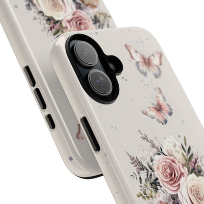 Cream Floral Phone Case - Tough Cases, Decorative Cell Phone Cover, Butterfly Design