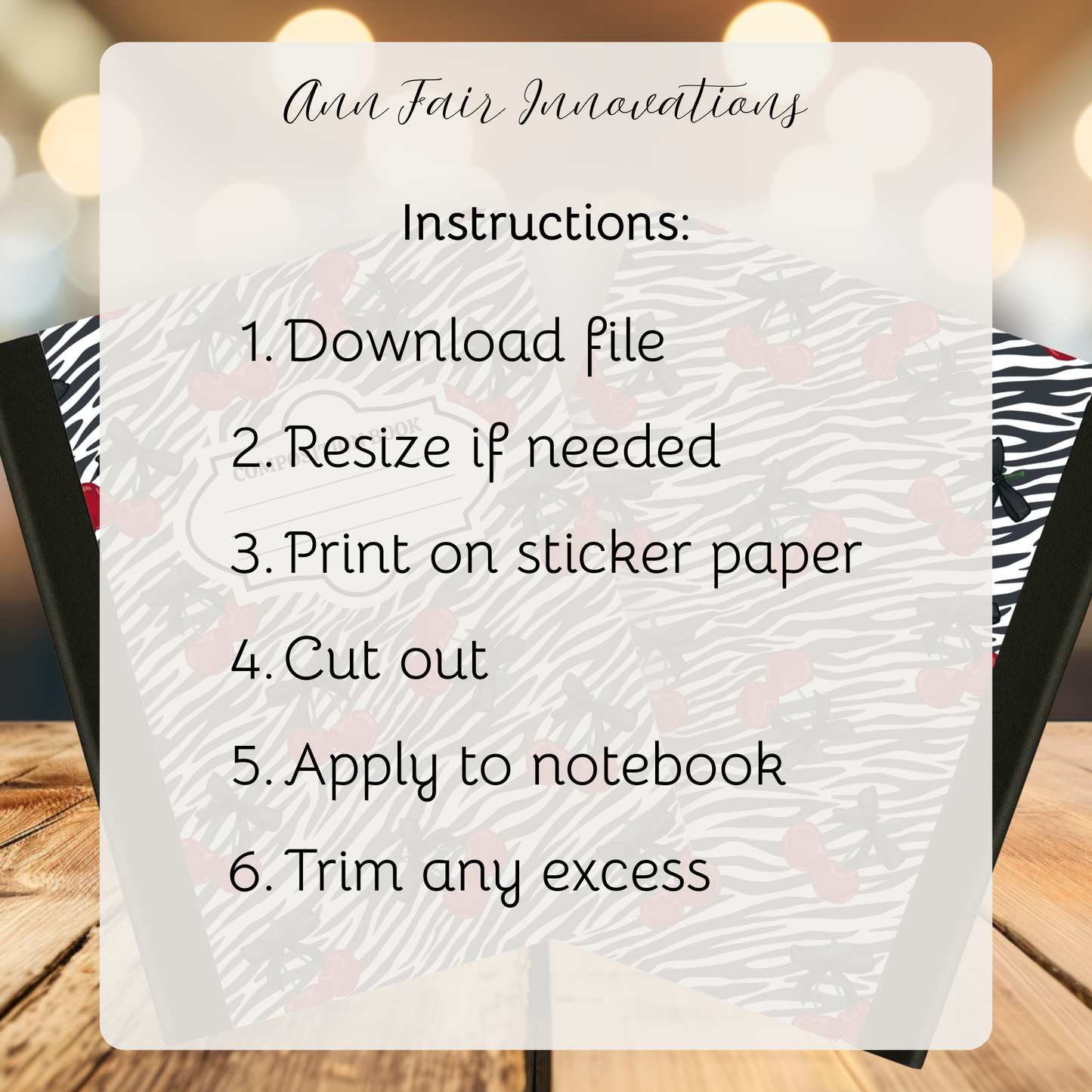 Zebra Print and Cherries Composition Notebook Cover | Digital Download PNG | Back to School, Journaling, DIY Custom Notebook, Sticker Paper Cover