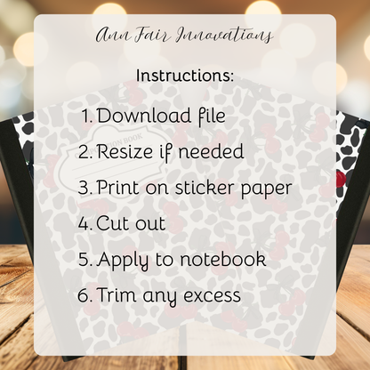 Cow Print and Cherries Composition Notebook Cover | Digital Download PNG | Back to School, Journaling, DIY Custom Notebook, Sticker Paper Cover