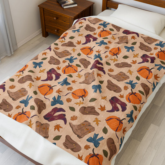 Autumn Cowgirl Boots and Pumpkins Velveteen Plush Blanket
