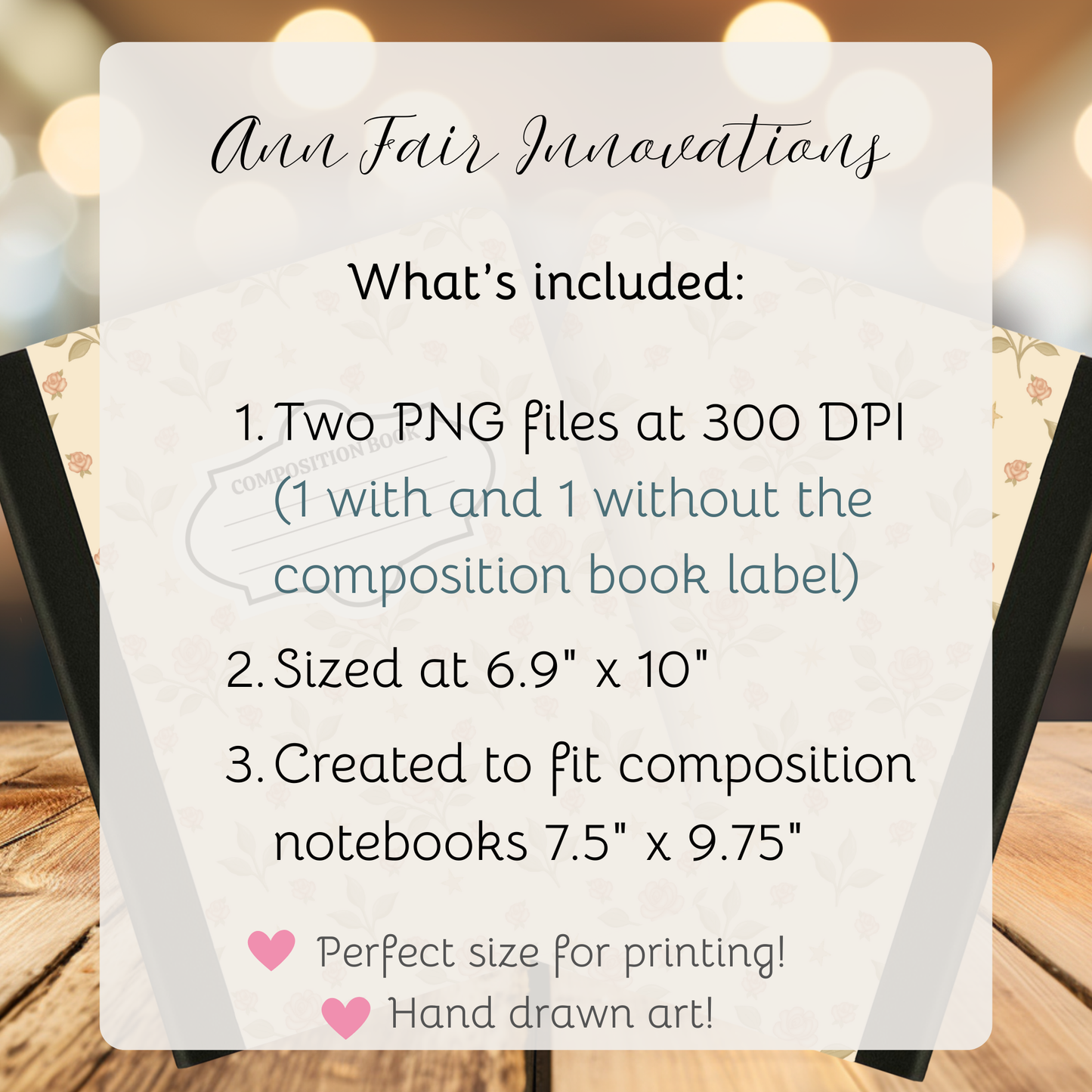 Vintage Roses and Stars Composition Notebook Cover | Digital Download PNG | Back to School, Journaling, DIY Custom Notebook, Sticker Paper Cover