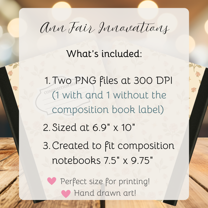 Vintage Roses and Stars Composition Notebook Cover | Digital Download PNG | Back to School, Journaling, DIY Custom Notebook, Sticker Paper Cover