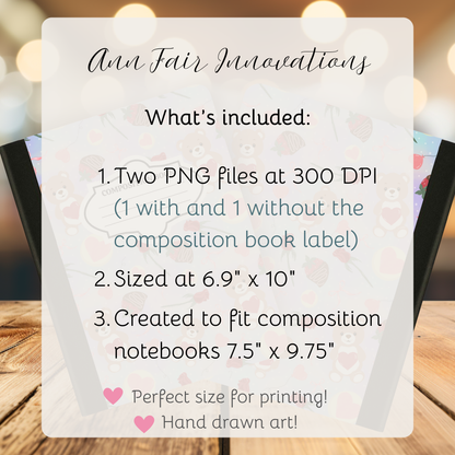 Teddy Bear Valentine Composition Notebook Cover | Digital Download PNG | Back to School, Journaling, DIY Custom Notebook, Sticker Paper Cover