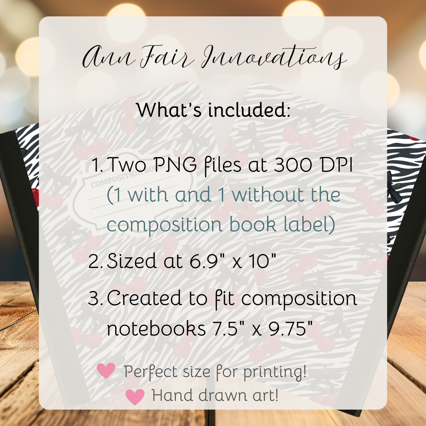 Zebra Print and Cherries Composition Notebook Cover | Digital Download PNG | Back to School, Journaling, DIY Custom Notebook, Sticker Paper Cover