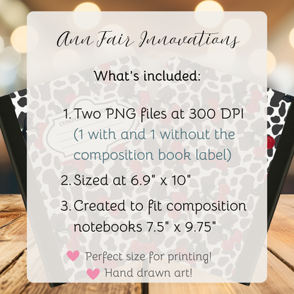 Cow Print and Cherries Composition Notebook Cover | Digital Download PNG | Back to School, Journaling, DIY Custom Notebook, Sticker Paper Cover