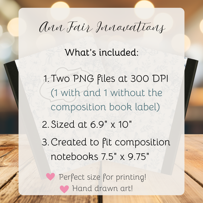 Toile De Jouy Bouquet in Blue Composition Notebook Cover | Digital Download PNG | Back to School, Journaling, DIY Custom Notebook, Sticker Paper Cover