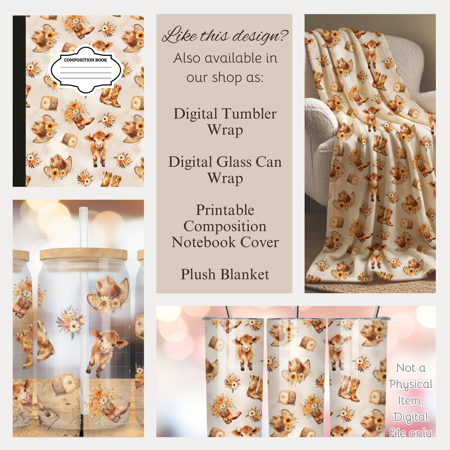 Cute Highland Cow Floral Seamless Hand Drawn Digital Pattern | 300 DPI PNG | Instant Download