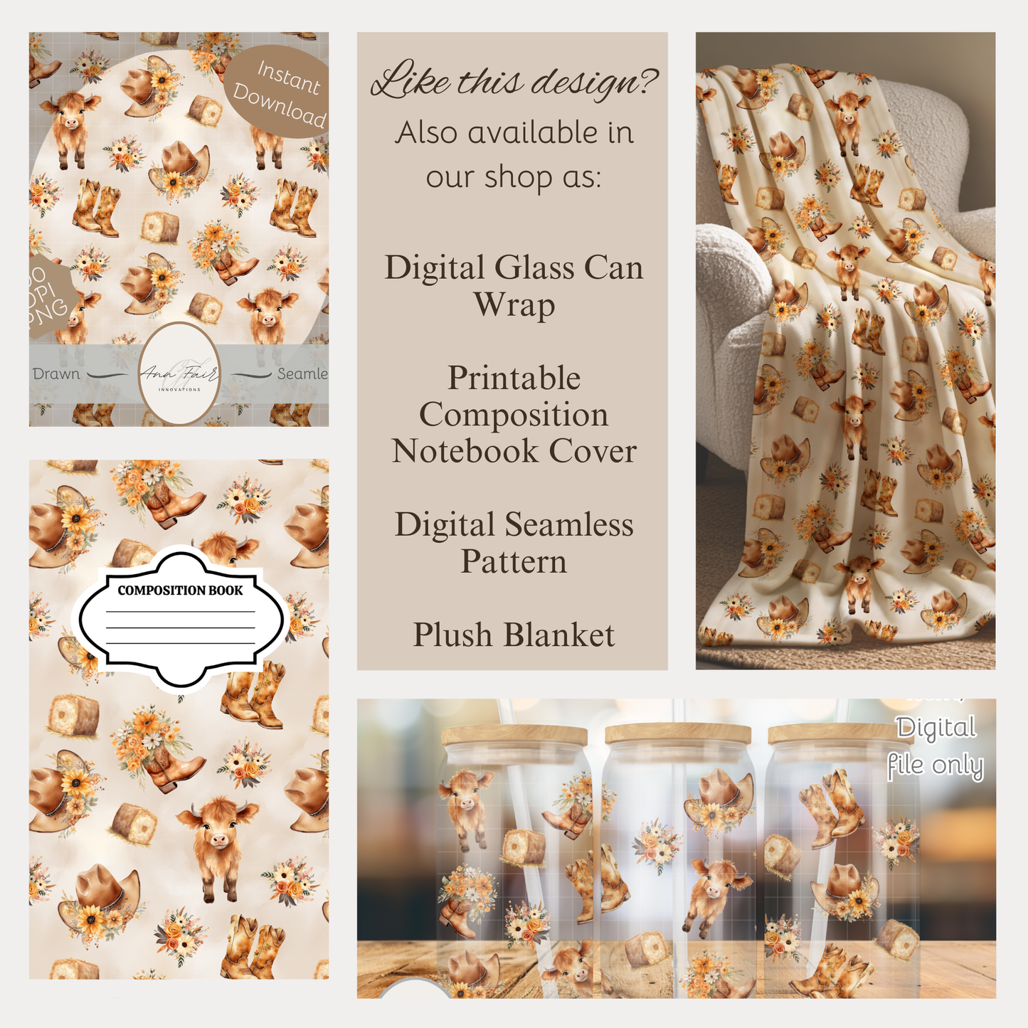 Cute Highland Cow Floral Seamless PNG 20oz Skinny Tumbler Wrap | Sublimation 300 DPI Straight Tumbler Wrap | PNG Digital Wrap Digital Download