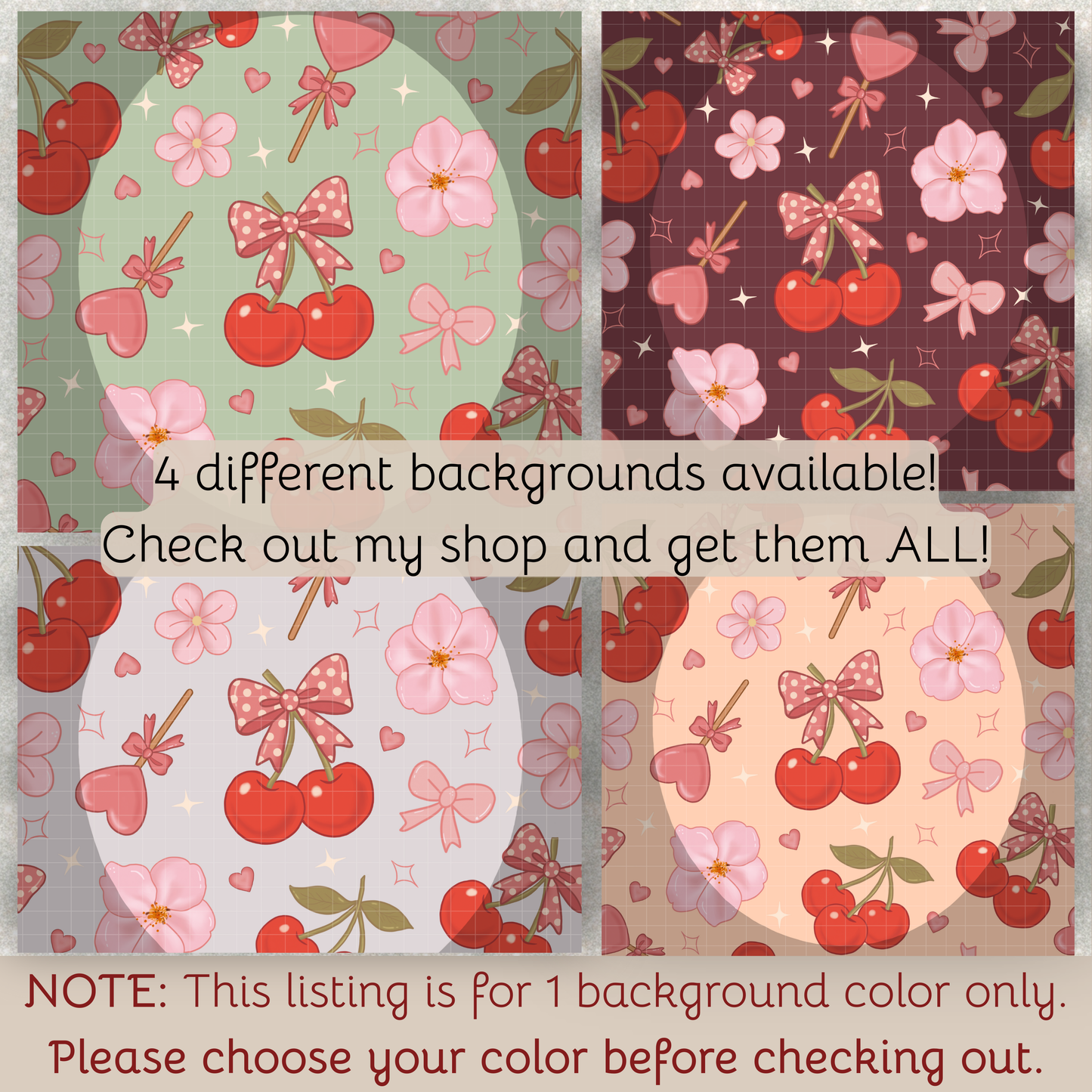 Coquette Cherries Seamless Hand Drawn Digital Pattern | 300 DPI PNG | Instant Download