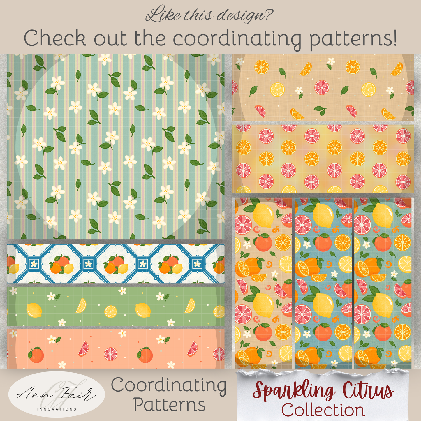Oranges and Blossoms Seamless Hand Drawn Digital Pattern | 300 DPI PNG | Instant Download