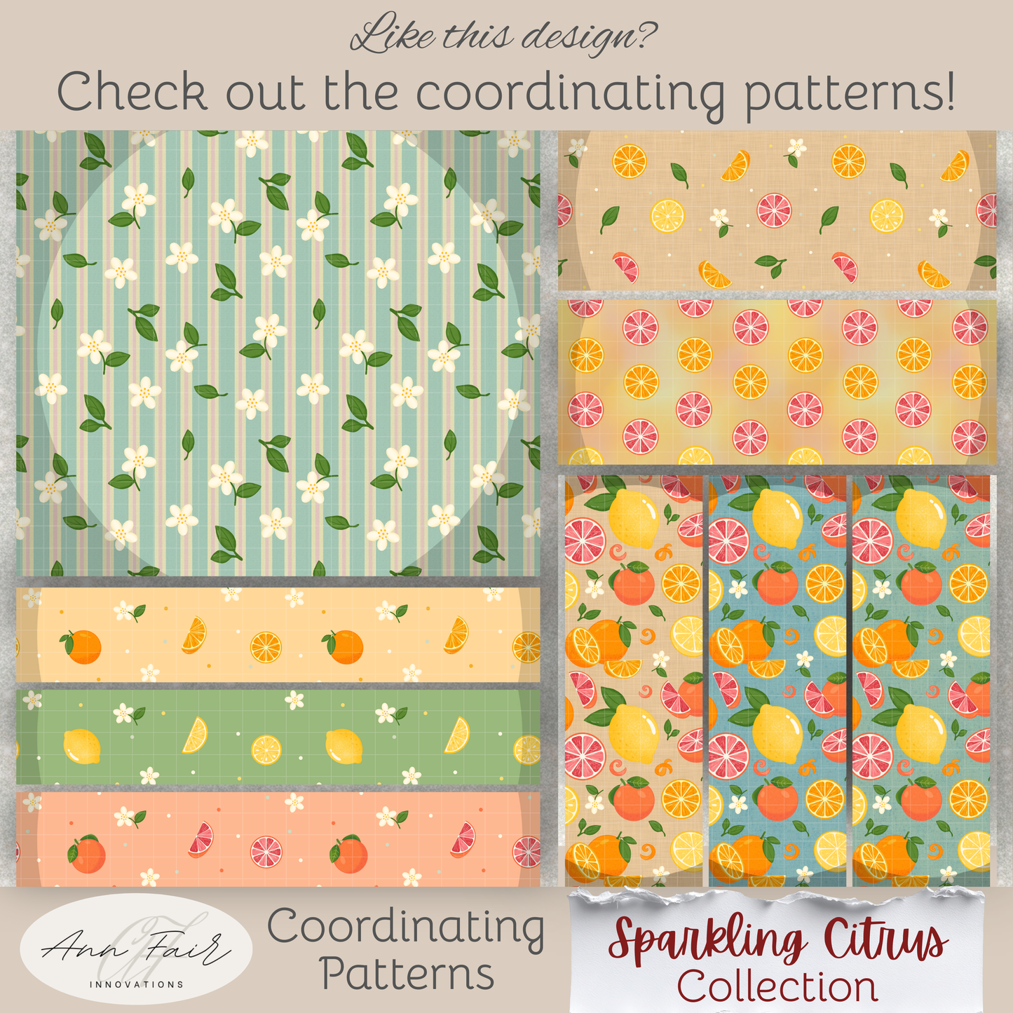 Mediterranean Citrus Seamless Hand Drawn Digital Pattern | 300 DPI PNG | Instant Download
