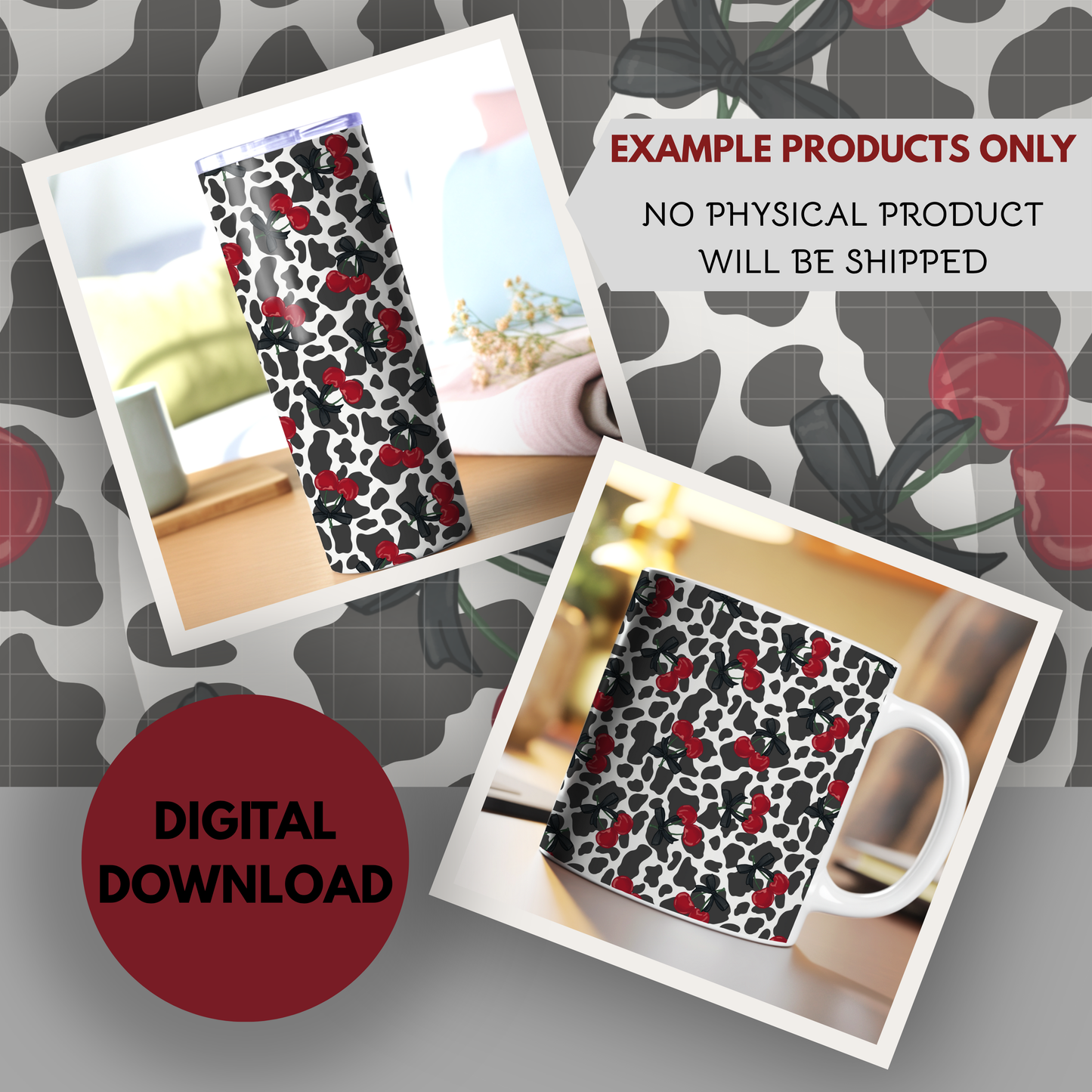 Cow Print and Cherries Seamless Hand Drawn Digital Pattern | 300 DPI PNG | Instant Download